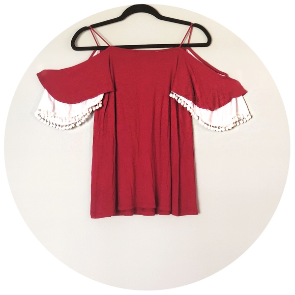 NWT Vava by Joy Han Burgundy Top w/ White Poms S - Picture 2 of 4